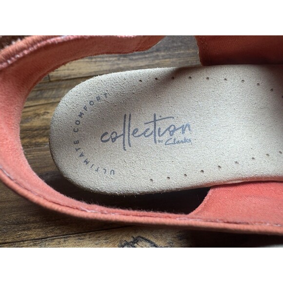 Women's Clarks Coral Pink Cork Wedge Sandals 3" Heel Size 7 1/2 Peep Toe Annadel - Picture 11 of 11
